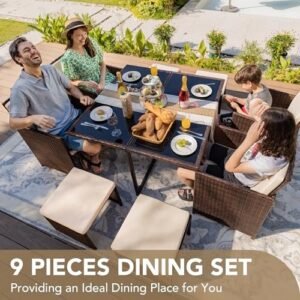 Devoko 9 Pieces Patio Dining Sets Outdoor Space Saving Rattan Chairs with Glass Table Patio Furniture Sets Cushioned Seating and Back Sectional Conversation Set (Beige)