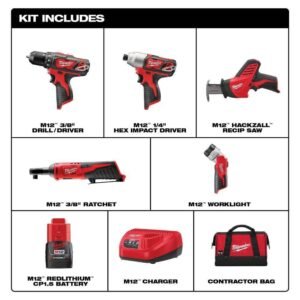 2498-25 M12 12V Cordless 5-Tool Combo Kit: 2407-20 3/8 in.Drill/Driver