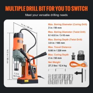 Mag Drill Press, 1400W 2in Boring Diameter, 2922lbf Power Magnetic Drill