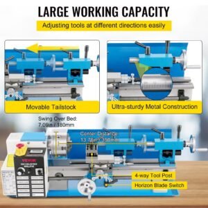 Mini Metal Lathe, 7"x14" Benchtop Metal Lathe, 550W Variable Speed 2250RPM